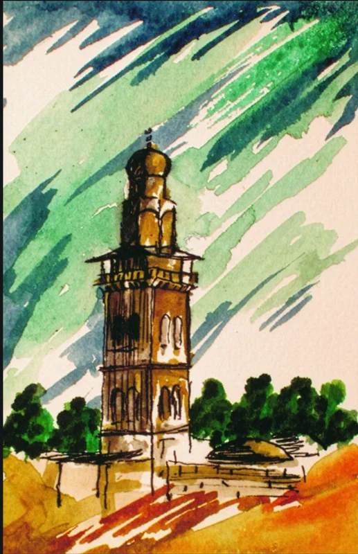 A slender tower, green trees and diagonal blue-green washes.