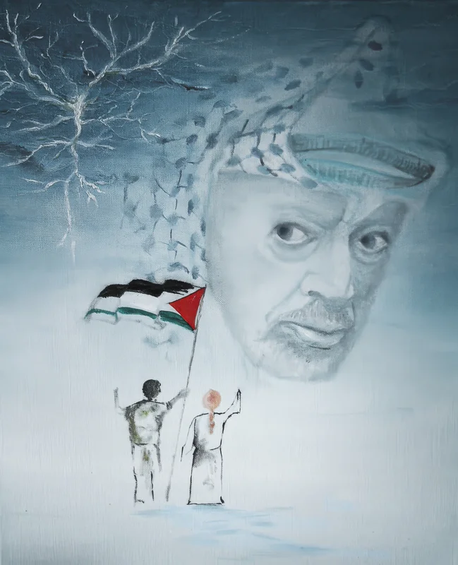 A blue-grey portrait above a flag and two small figures, with tree and leaf forms.