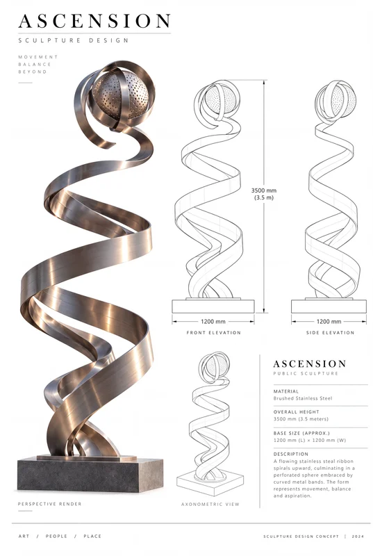 A spiralling ribbon rising to a perforated sphere, shown as a rendering, elevations and an axonometric study.