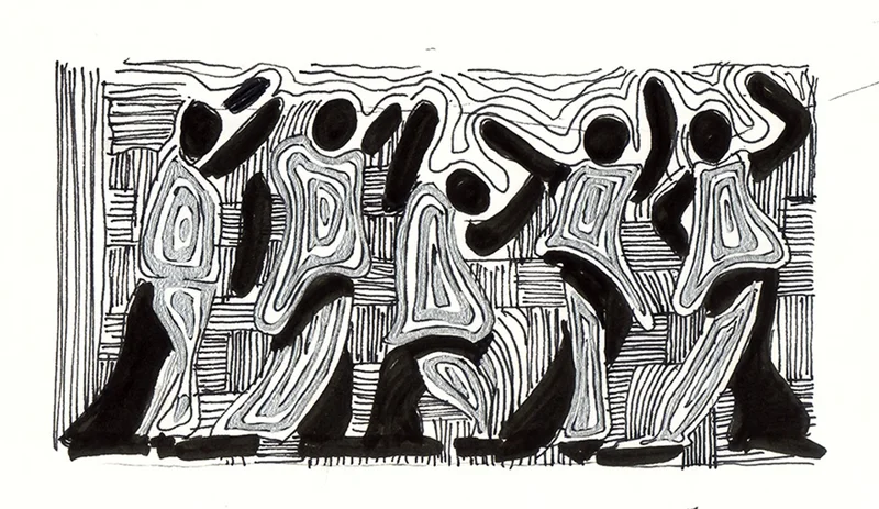 Five abstract figures surrounded by closely spaced black lines on a light ground.