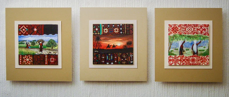 Three framed panels combine figures and landscapes with red geometric patterned bands.