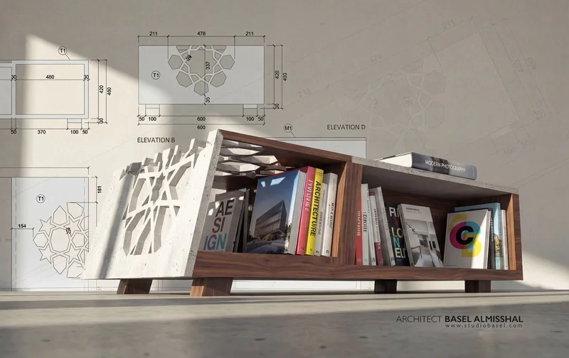 A low book-storage table with a geometric end panel and drawings behind it.