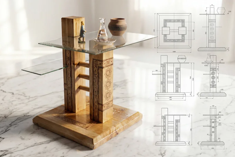 A small furniture/display stand with decorative vertical supports, two transparent shelves and a square base, alongside drawings.