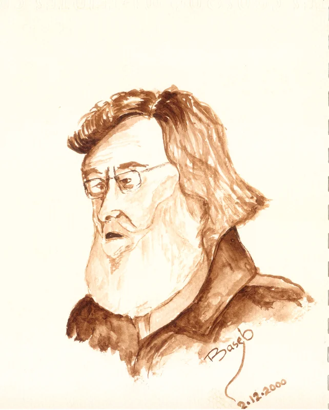 A brown-toned portrait of a bearded man wearing glasses, on lightly textured paper.