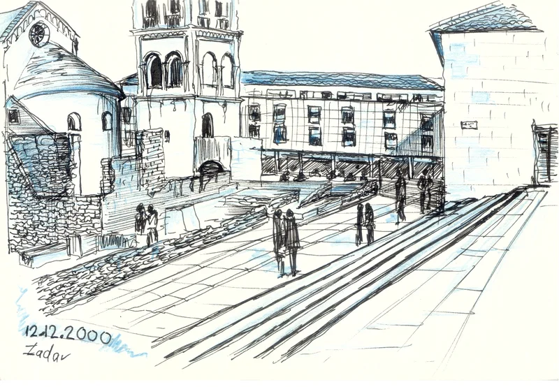 A line drawing of a square with a tower, church-like forms, long paving lines and small figures.