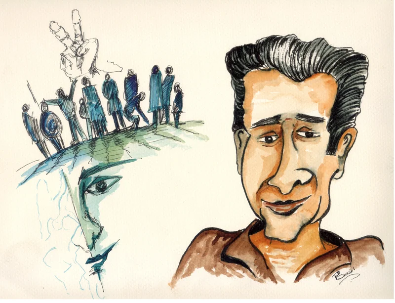 A large expressive portrait beside a smaller composition of a face, standing figures and an outlined hand.