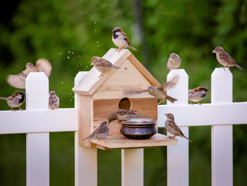 A wooden birdhouse/feeder on a white fence, with multiple small birds and a dark feeding bowl.